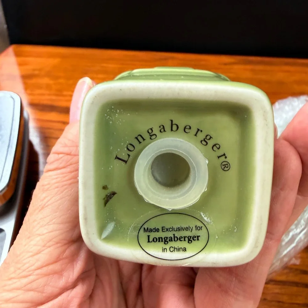 Longaberger Salt Pepper Shakers 2 Sets Sage Green Woven Ceramic Iron Caddy